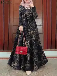 ZANZEA Frauen Vintage Muslimischen Maxi Lange Kleid Frühjahr Langarm Dubai Türkei Abaya Hijab Kleid Islamische Kleidung Robe Sommerkleid