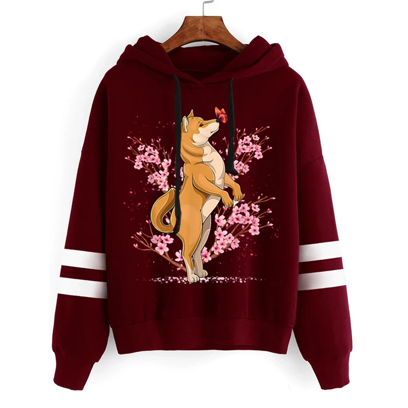 New Sweatshirts Graphic Cute Cartoon Cherry Blossom Dog Women’s Long Sleeves Harajuku Fashion Sakura Hoodies Loose Y2k Pullover