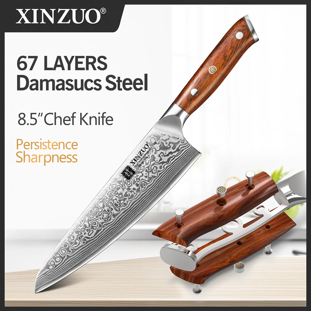 XINZUO 8.5\'\' Inch Chef Knife Damascus Steel Kitchen Professional Japanese Style Meat Cleaver Gyuto Knife with Rosewood Handle