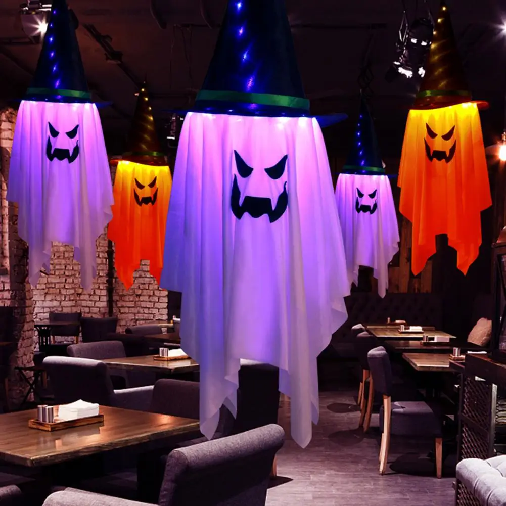 

Spooky Hanging Ghost Halloween Decor with Glowing Witch Hat Light up Outdoor Yard Tree Decoration for Indoor Home Atmosphere