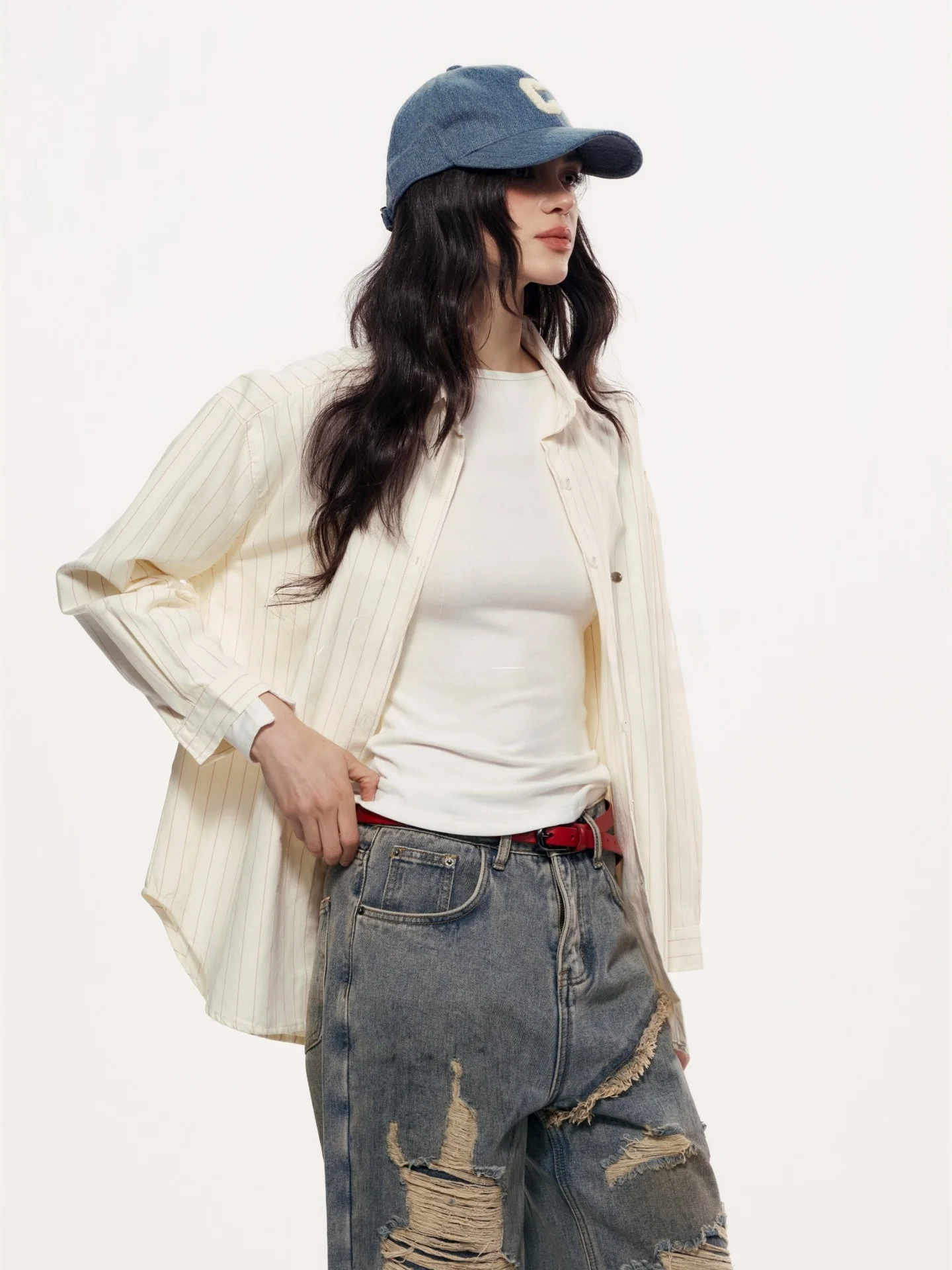 

CHILL ZOEY Loose Fit Striped irt Casual Versatile Loose Sle Cotton Long Sve Women's Open Cardigan Casual irt