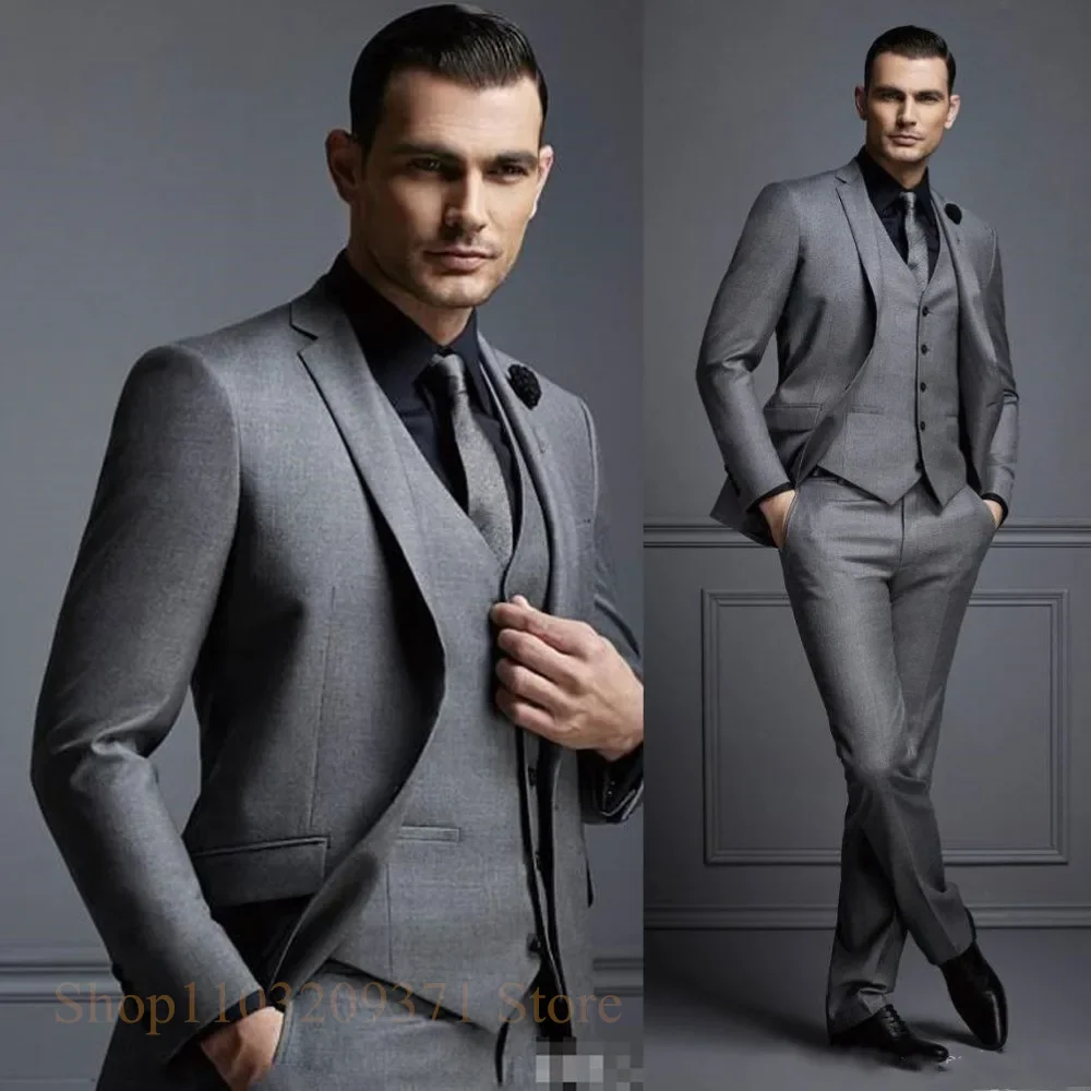 New Grey Business Mens Suit Groom Wear Formal Wedding Suits for Men Best Man Slim Fit Tuxedos For Men (Jacket+Vest+Pants) Terno