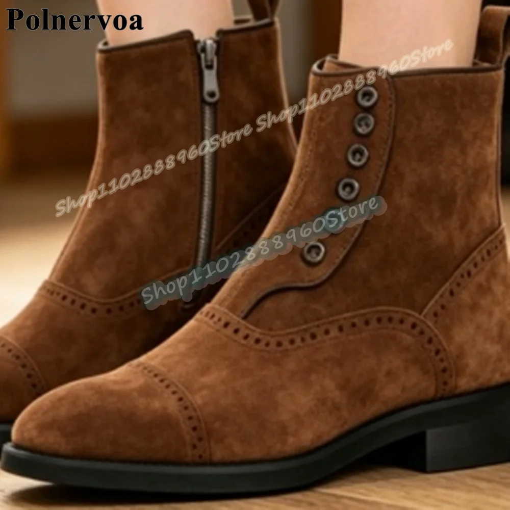 

Trendy Brown Flock Buttons Splicing Ankle Men Boots Flats Party Shoes For Men Side Zipper Banquet Catwalk 2026 Fashion Men Shoes