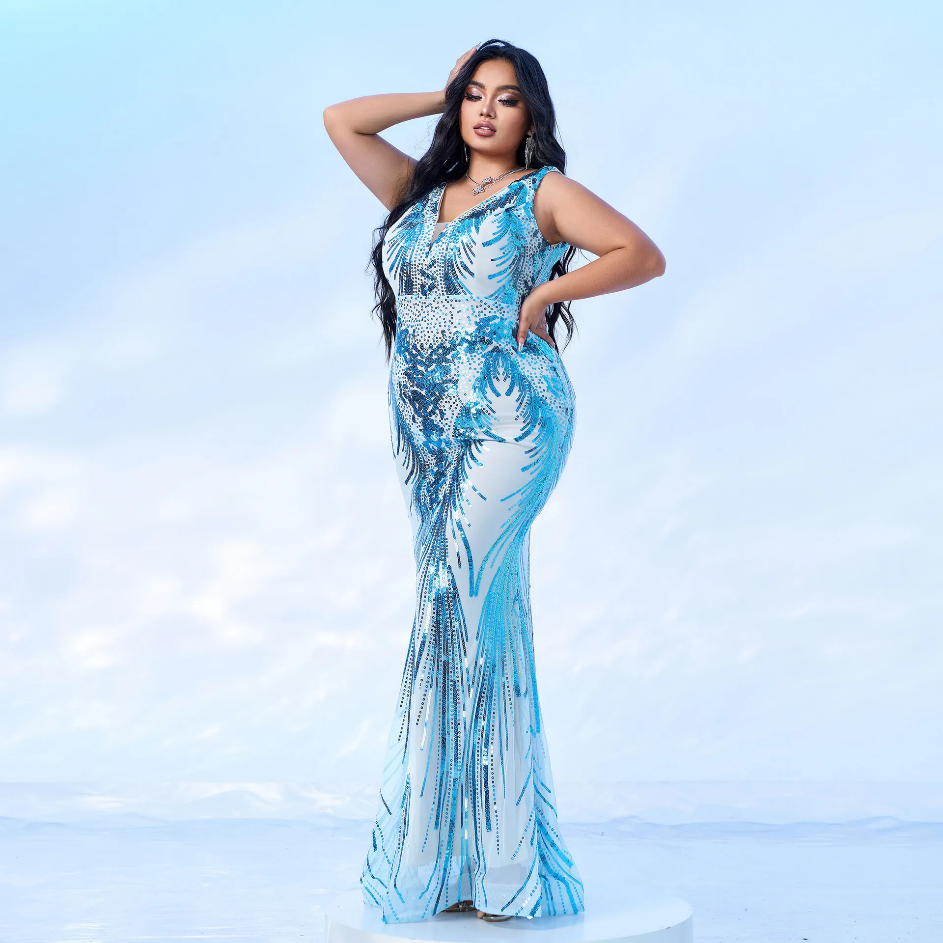 

plus Size Wedding Dres 4XL Ele Fi Tail Gown Deep V Ne Long Evening Dr Polyester Fabric No Sve Wedding Dr