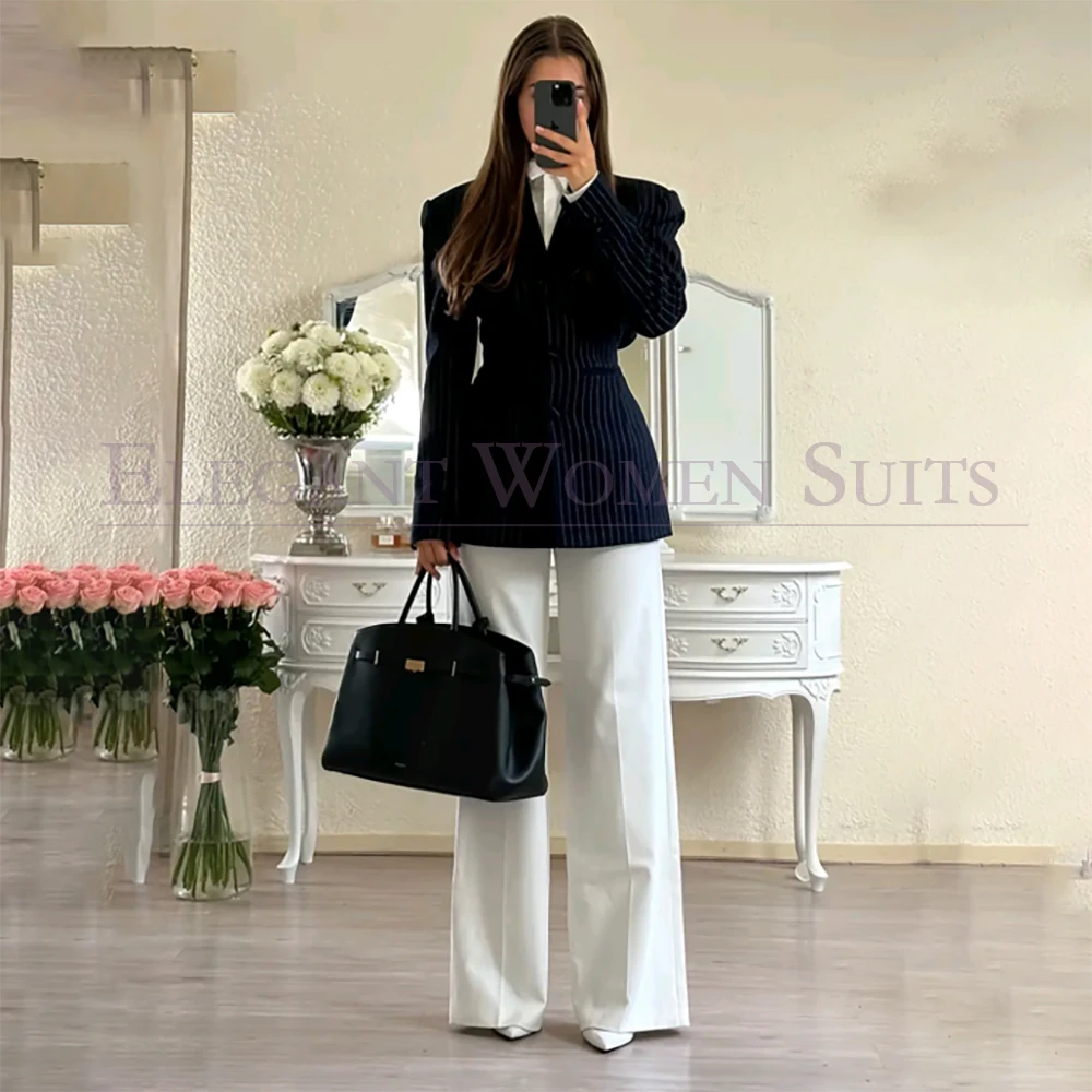 

High Quality Women's Suits Blazer Slim Fit Black Color With Navy Blue Stripe Blazer And White Pants 2 Piece Jacket Trousers