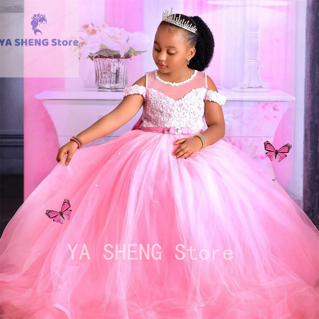 Pink Flower Girl Sheer Neck Appliqued Lace Tiered Bow Tulle Flowergirl Dresses Princess Queen Girls Birthday Party Dress