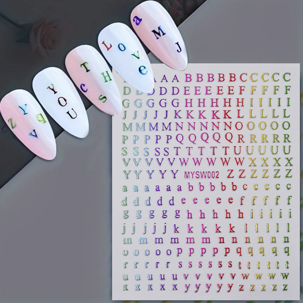 1Pcs 3D Roman Letters Nail Art Stickers 26 English Uppercase/Lowercase Self Adhesive Nail Decals Golden Silver Letter Sliders &1
