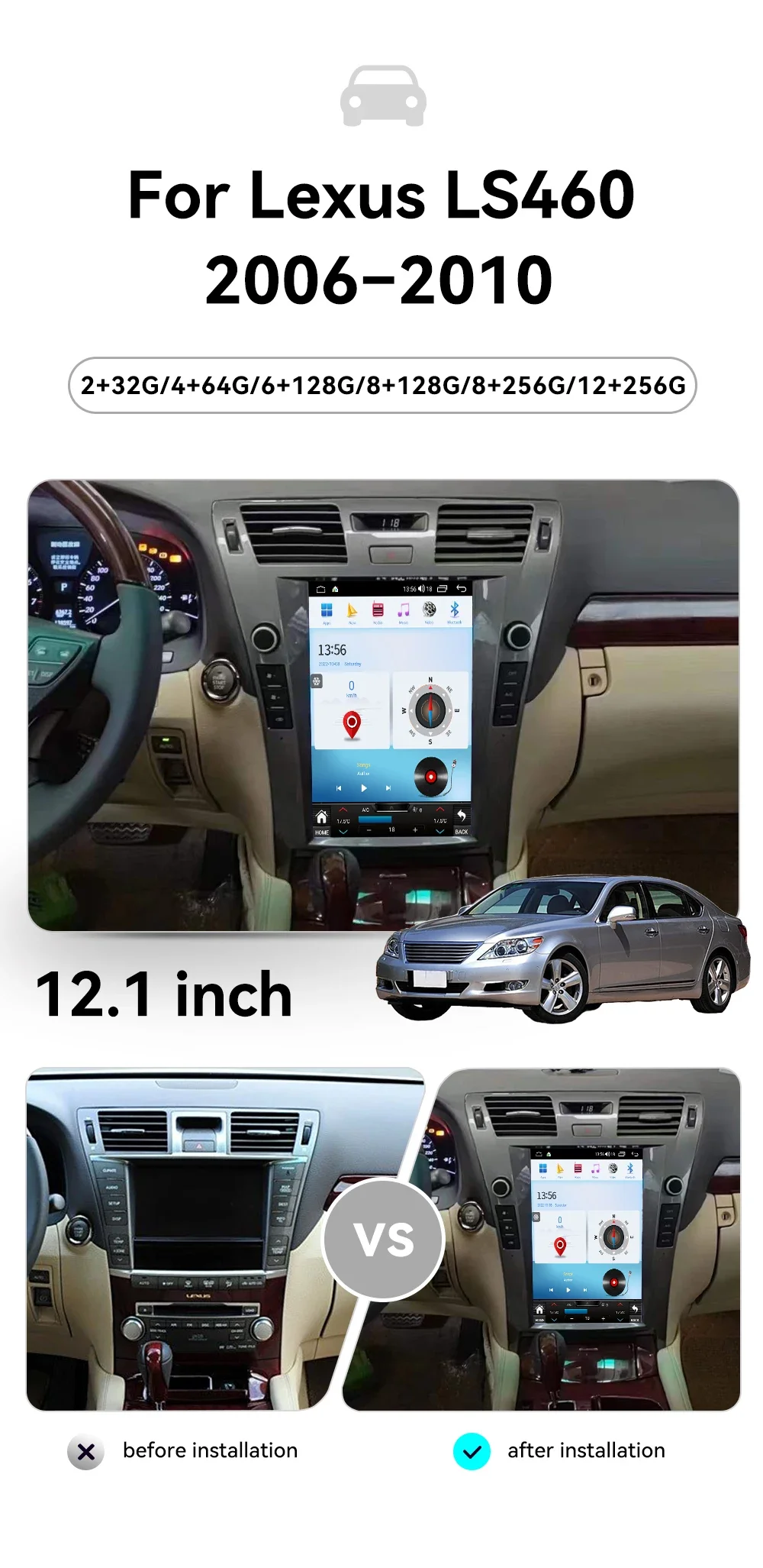 لكزس LS460 2006-2010 12.1 "شاشة عمودية أندرويد رئيس وحدة مشغل وسائط متعددة اللاسلكية CarPlay سريع وحدة المعالجة المركزية سيارة لتحديد المواقع والملاحة
