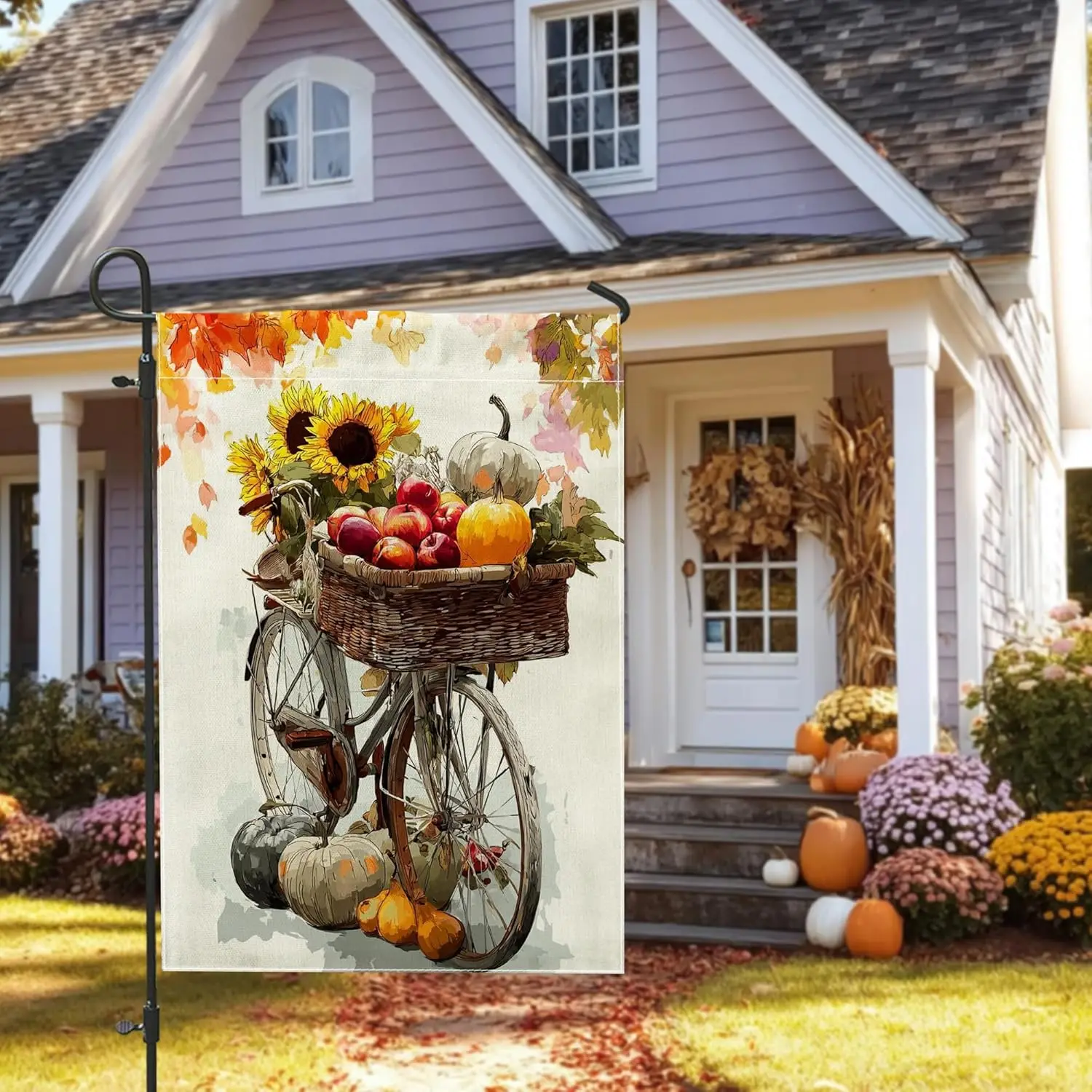 Autumn Harvest Bike Garden Flag, Colorful Sunflowers Apples and Pumpkins Outdoor Decor, Double Sided Burlap Banner for Fall  yyi