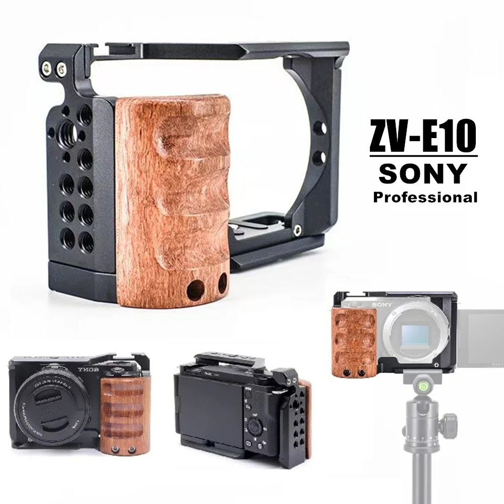 Professional For Sony ZV-E10 Camera Cage with Cold Shoe & 1/4'' 3/8'' Holes & Arca-Swiss Plate, Aluminum Alloy and Wooden Cage
