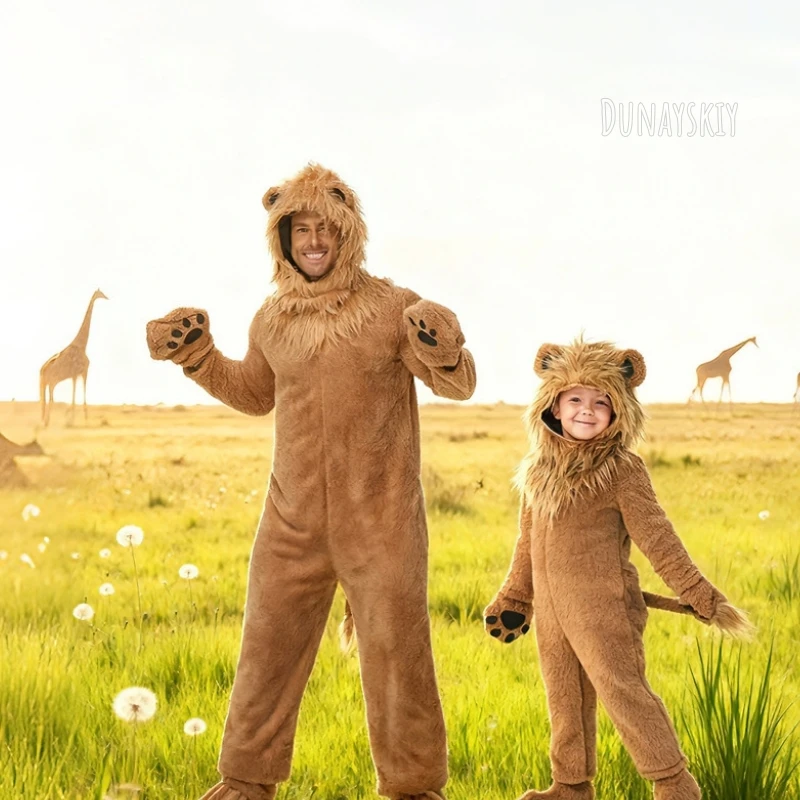 

Halloween Lion Costume Adult Parent Daughter Son Matching Set Cosplay Fluffy Full-Body Lion Jumpsuit With Hood Gloves Foot Cover