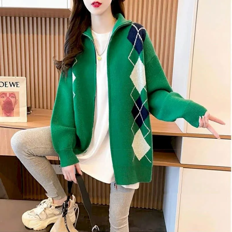 

Sweaters Knitted Cardigans for Women Loose Casual Vintage Oversized Rhombic Pattern Coats Korean Style Long Sleeved Women Tops