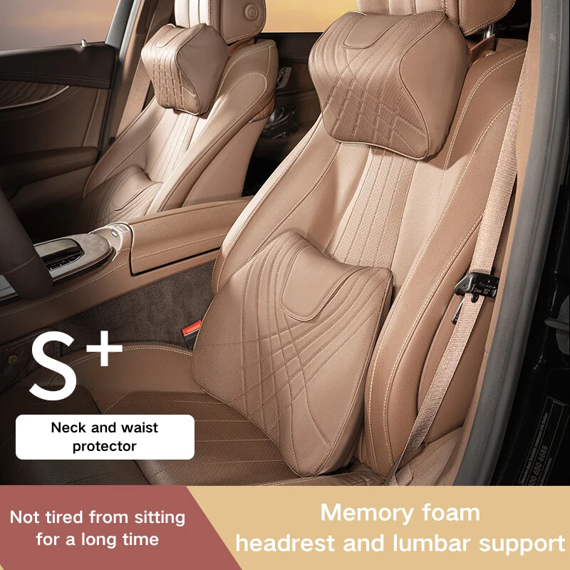 New Car Headrest Pillow Set Sewing Leather Auto Lumbar Waist Support Memory Foam Seat Neck Protective Cushion Accessories