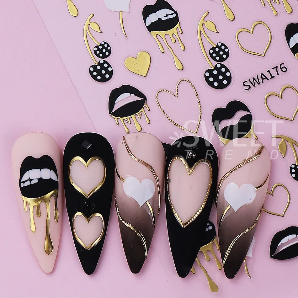 2 قطعة الشفاه السوداء الحب القلب مسمار الفن ملصقات مثير عيد الحب خط معدني الحب الكرز ذاتية اللصق مسمار الشارات DIY بها بنفسك مانيكير ديكور #6