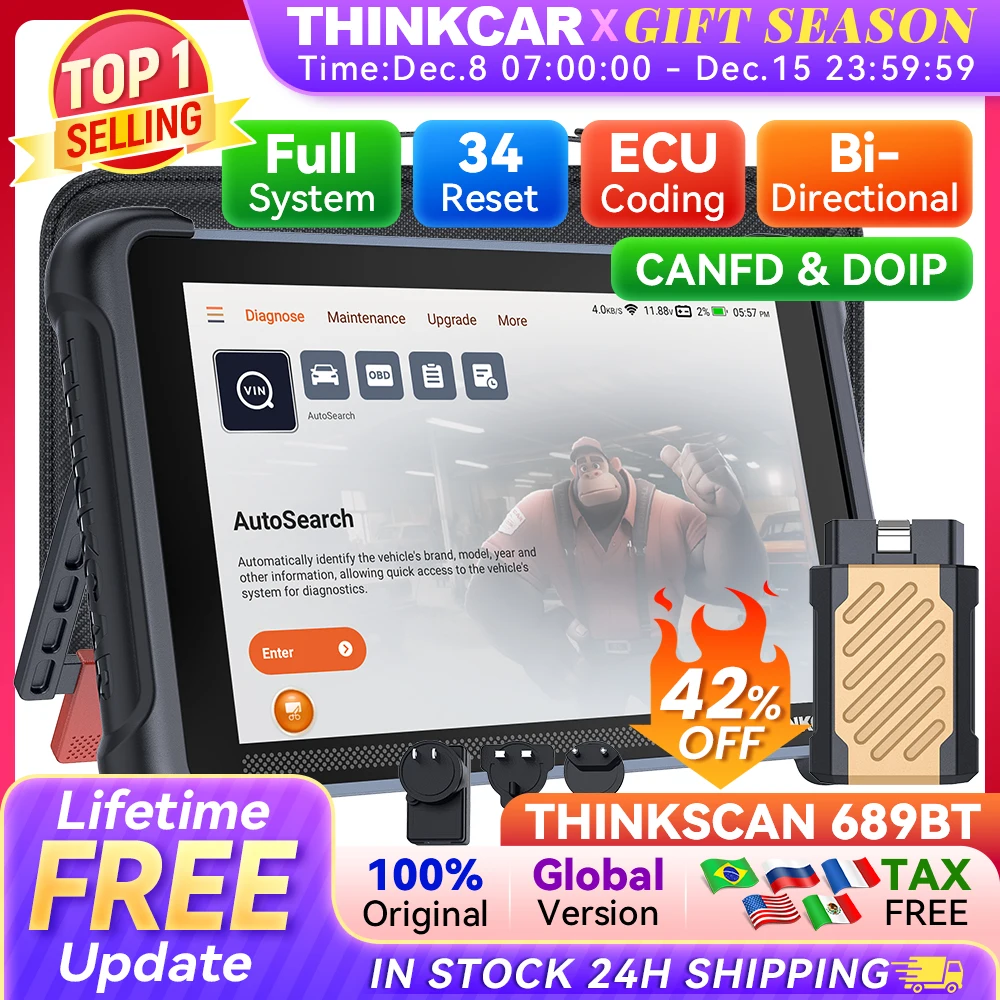 THINKCAR THINKSCAN 689BT Professional Car Diagnostic Tool CANFD DOIP Bi-directional ECU Coding 34 Reset Full System Obd2 Scanner