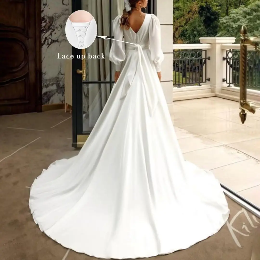 Elegant V-Neck Backless Long Sleeve Trailing Wedding Dress for Wedding Holiday Party Birthday Banquet Prom Dresses