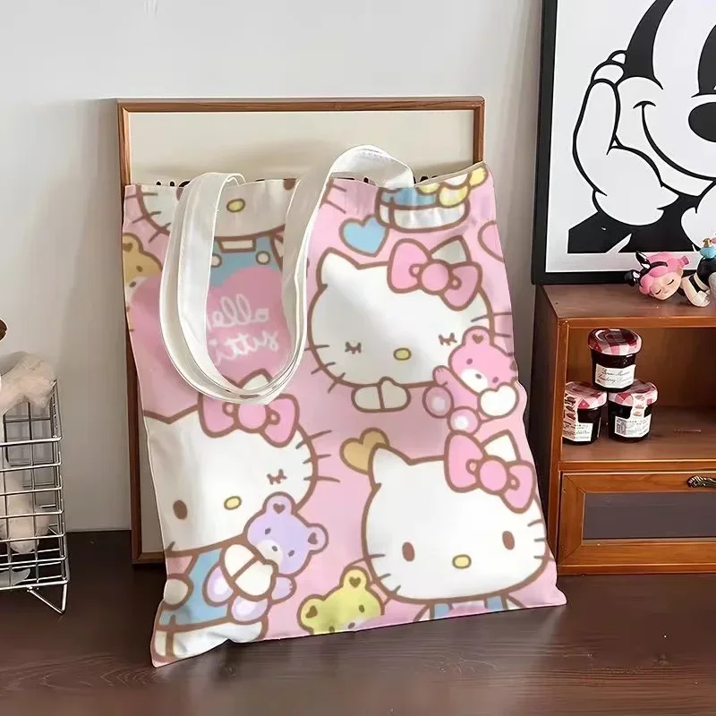 

Sanrio Anime Cartoon Canvas Bag Hello Kitty Girls Shopping Large Capacity Daily Versatile Single Sided No Zipper Kawaii Handbag