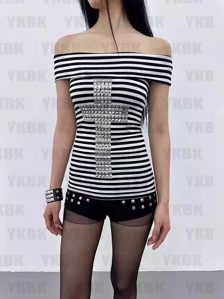 Y2K Harajuku القوطية تي شيرت أسود أبيض شريط الصليب المياه الماس المطبوعة القمم الرجعية القوطية مثير سليم صالح هوتي امرأة الملابس #4