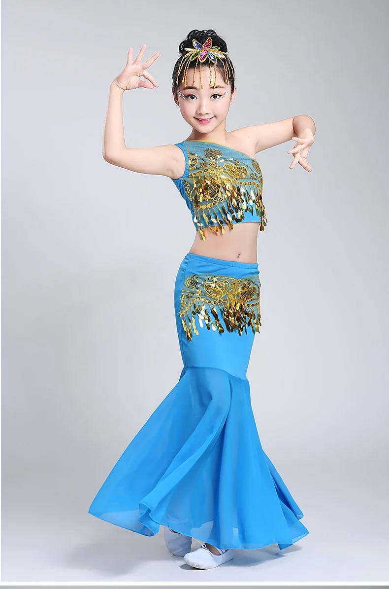 Costume da ballo Dai per bambini Costumi di danza del pavone per ragazze Costume da spettacolo per danza del ventre a coda di pesce per bambini