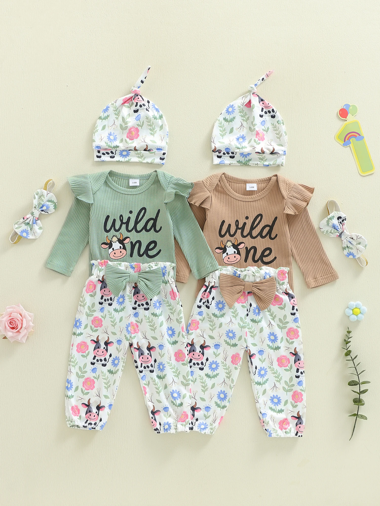 طقم مكون من 3 قطع للفتيات الصغيرات بأكمام طويلة ورقبة دائرية وطبعة زهور وسروال بخصر مطاطي وعصابة رأس للخريف