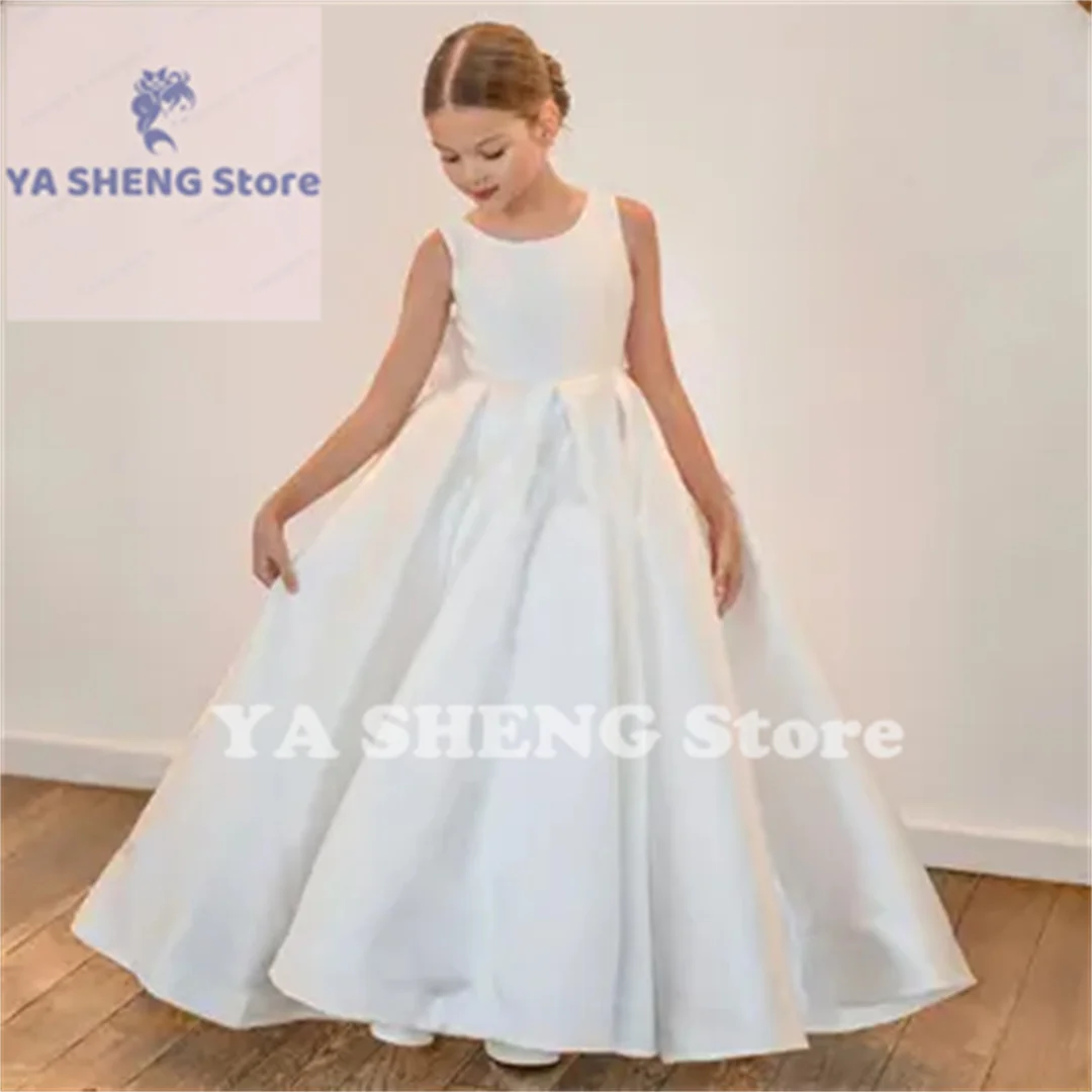 Simple Flower Girl Dress For Wedding Satin Sleeveless V-back With Bow Elegant Princess Birthday Party First Comminon Ball Gowns