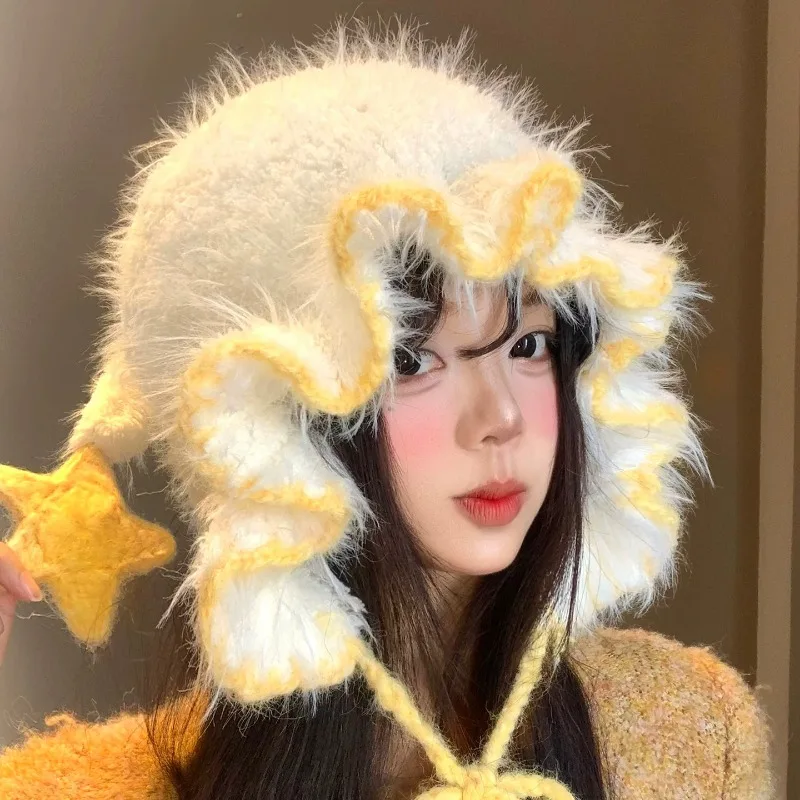 Cute Star Decor Fuzzy Knit Beanies for Women Ruffled Edge Ear‑covering Tie‑up Plush Pullover Hat Sweet Y2K Winter Warm Skull Cap