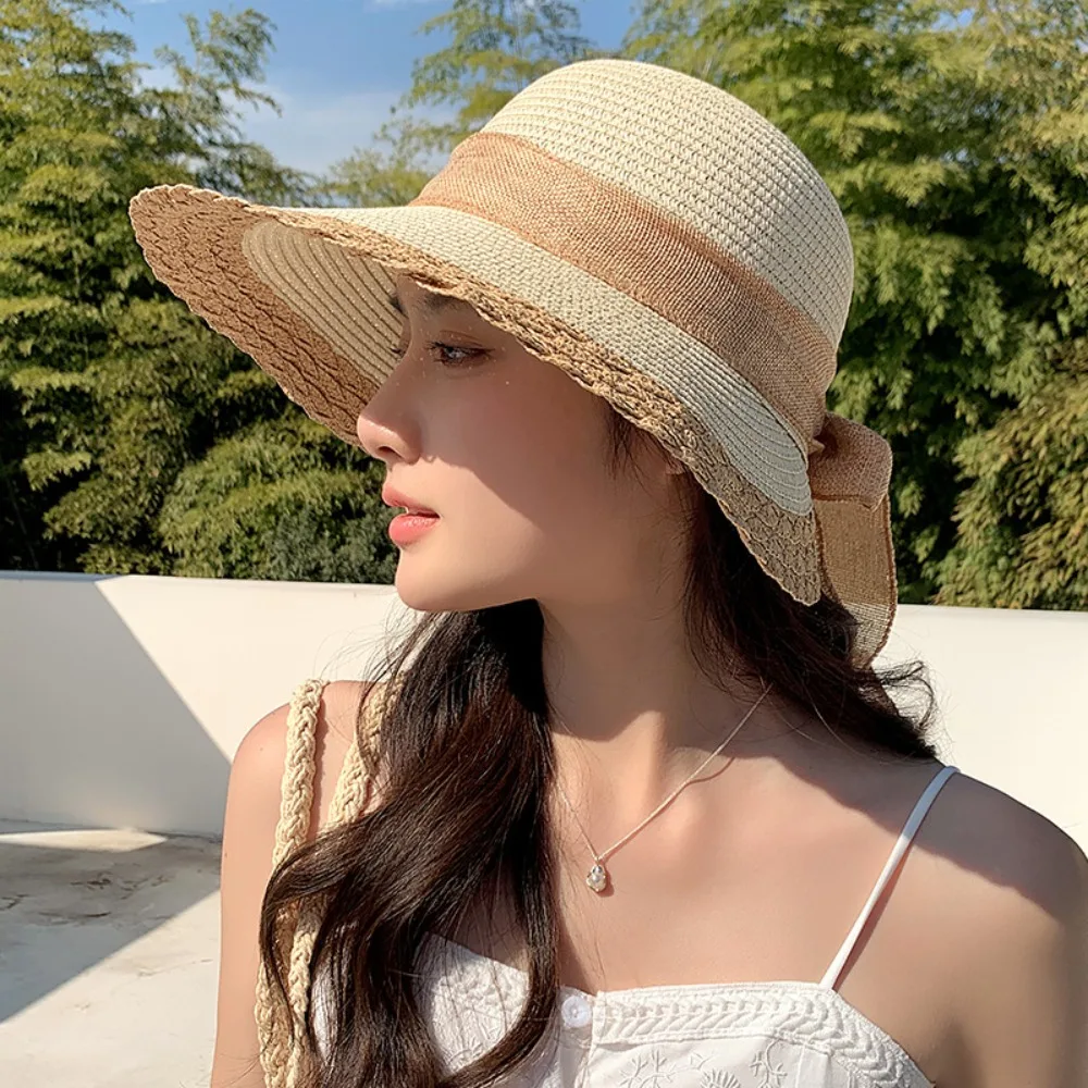 

Basin Cap Portable Straw Weaving Beach Hat Hollow Out Breathable Bow Fisherman Cap French Style Polyester Bucket Hat Hiking