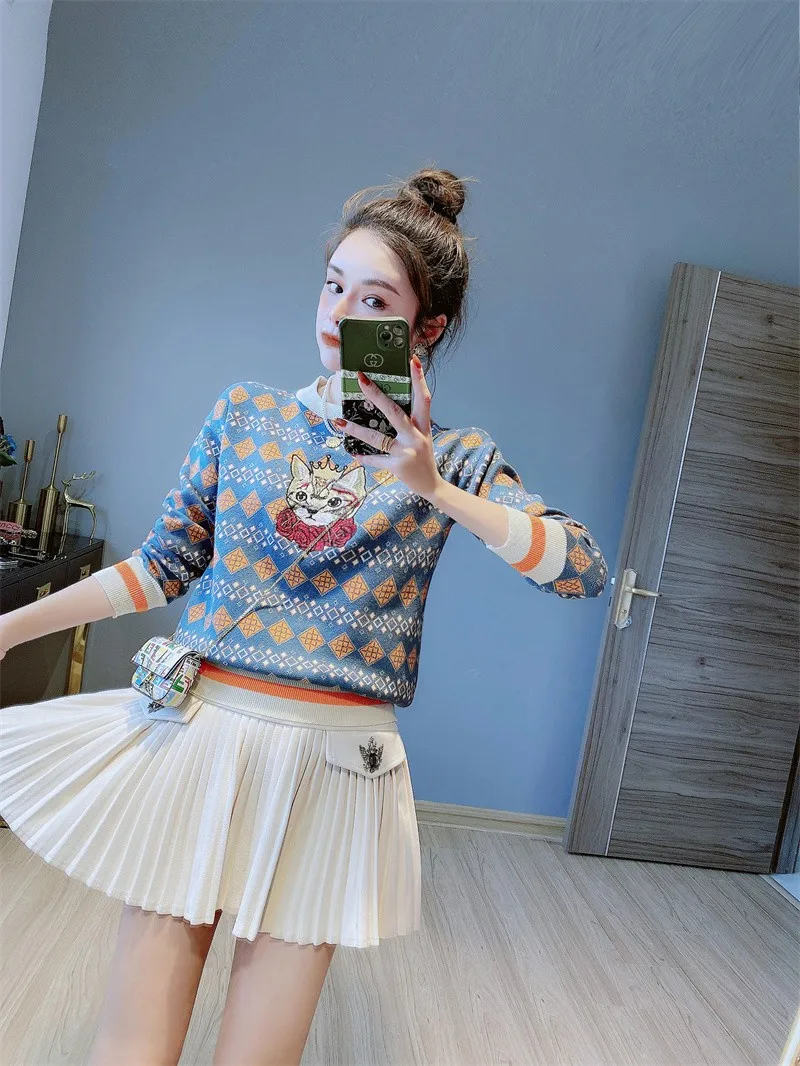 Argyle Kitty Embroidered Sweater Jumpers Women Vintage Stylish Fashion Loose Pullover Tops Long Sleeve O-neck Chic Knitwear 2023