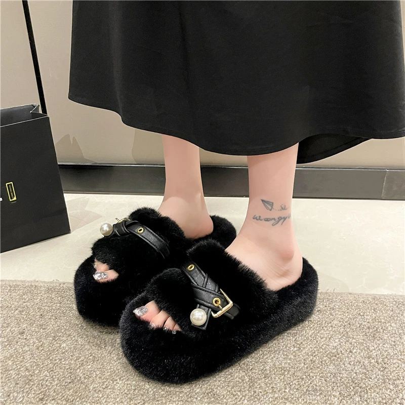 Slippers women's Pearl Eyelet Buckled Fluffy Winter Slippers Lady Thick Bottom Shoes Plush Slippers Stylish home slippers