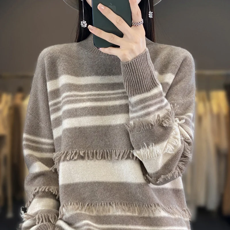 سترة صوف نسائية بأكمام طويلة وياقة شبه عالية سترة مخططة محبوكة فضفاضة وناعمة عالية الجودة