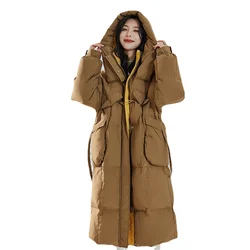 Winter New Fashion Large Loose Women Down Coat Thickened Hooded 90% White Duck DownParkas Mid Length Women Snow Wear Overcoat