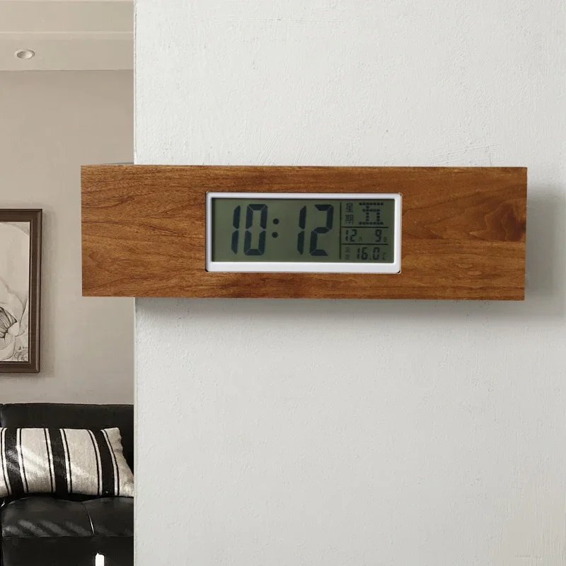 Double-Sided Living Room Clock Walnut Corner Clock Dining Room Wall Clock Office LCD Digital Timepiece Great for Office Spaces