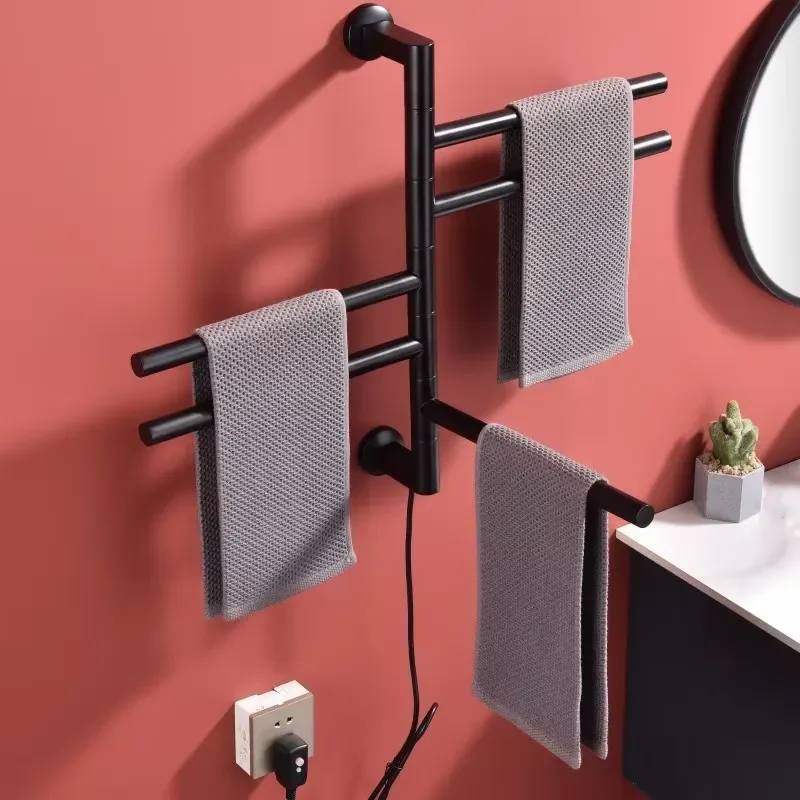 Matte Black Swivel Towel Warmer with 5 Heated Rails Porte Serviette Chauffant 304 Stainless Steel Wall Mounted Heated Towel