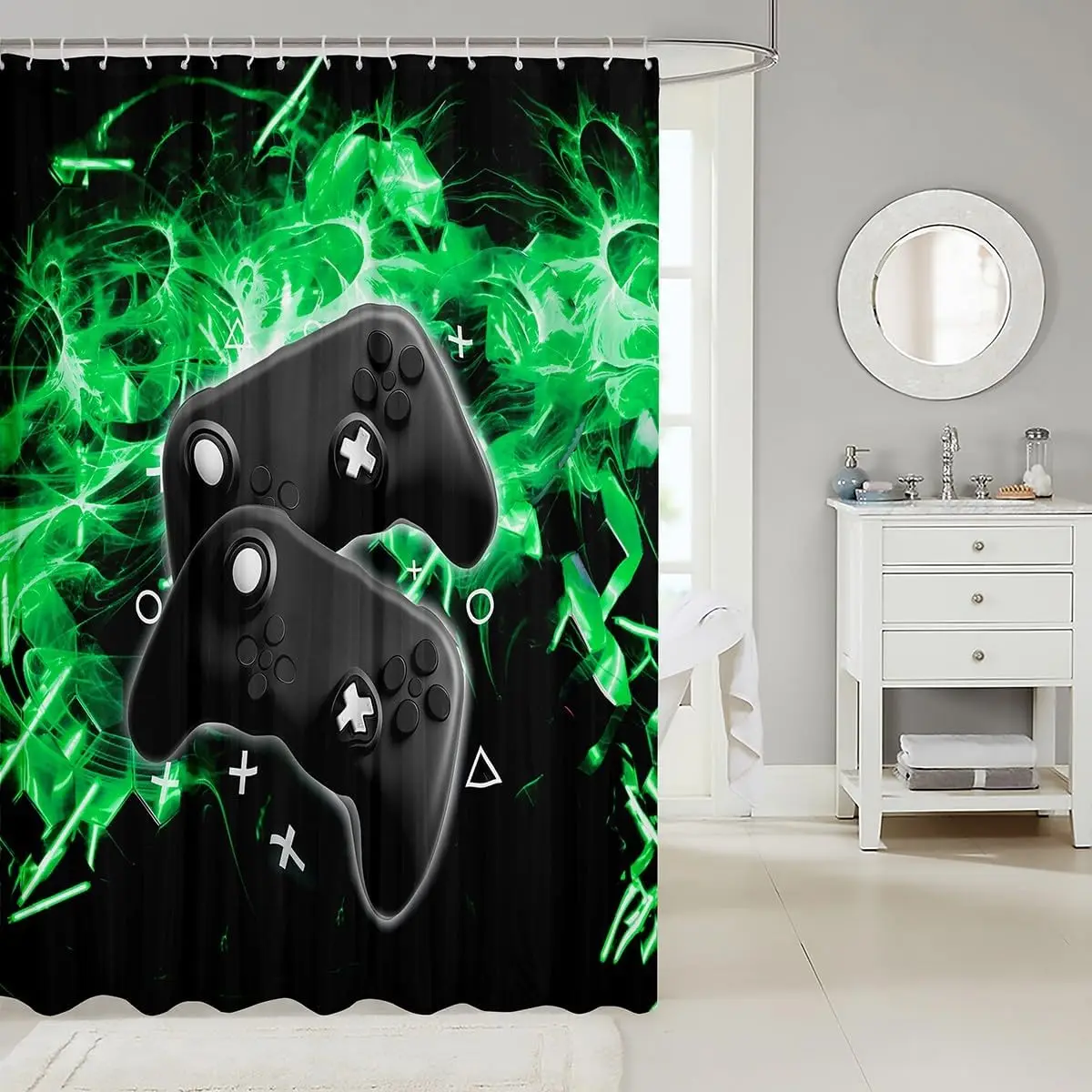 Gradient Gamepad Shower Curtain, Modern Gamer Video Game Style, Novelty Action Buttons Print, Waterproof Polyester Bath Curtain
