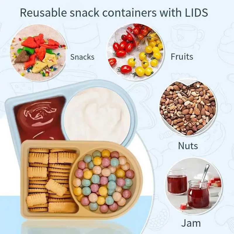 

Food Grade Silicone Dipping Box with Portable Lid - Reusable Double Compartment Seasoning Box Portable Snack Container