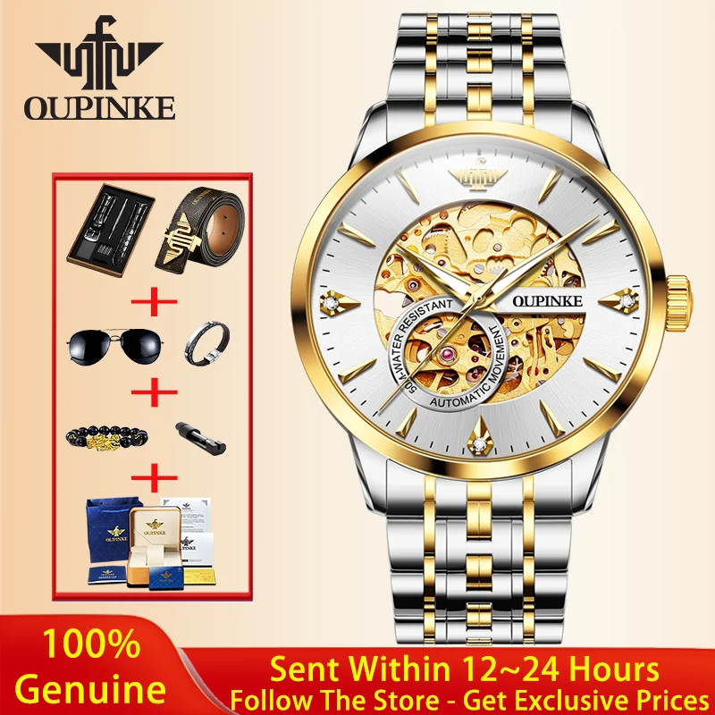 

OUPINKE Luxury Fully Hollow Men Mechanical Watch Imported Brand Movement Men Watch Top Business Fashion All Gold Men Watch 3308