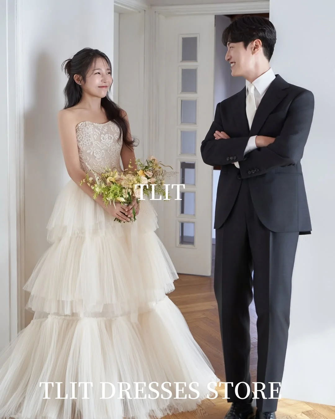 TLIT elegante witte gelaagde tule trouwjurk strapless kanten galajurken Korea bruidsjurk foto's schieten aangepaste korsetjurk