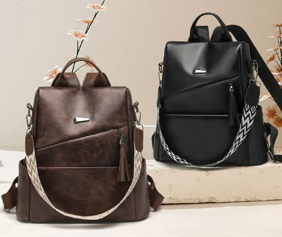 

2026 New Women's Fashion Tassels Soft Leather Backpacks High Capacity Anti Theft Travel Shoulder Bags Totes Laptop School Bag