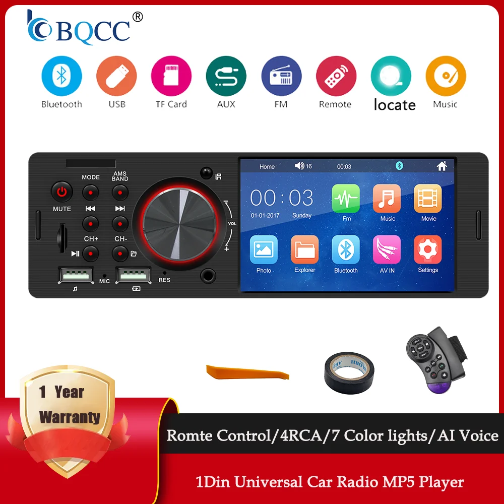 BQCC 1Din 4.1'' Car Radio with Bluetooth Wiring Protection 7-Color Lights FM/TF/USB Touchscreen Car MP5 Player