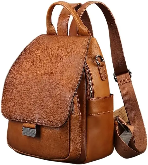 Mochila de Cuero Genuino Estilo Vintage para Mujer, Bolso de Hombro Retro, Mochila Casual para Uso Diario y Viajes (marrón)