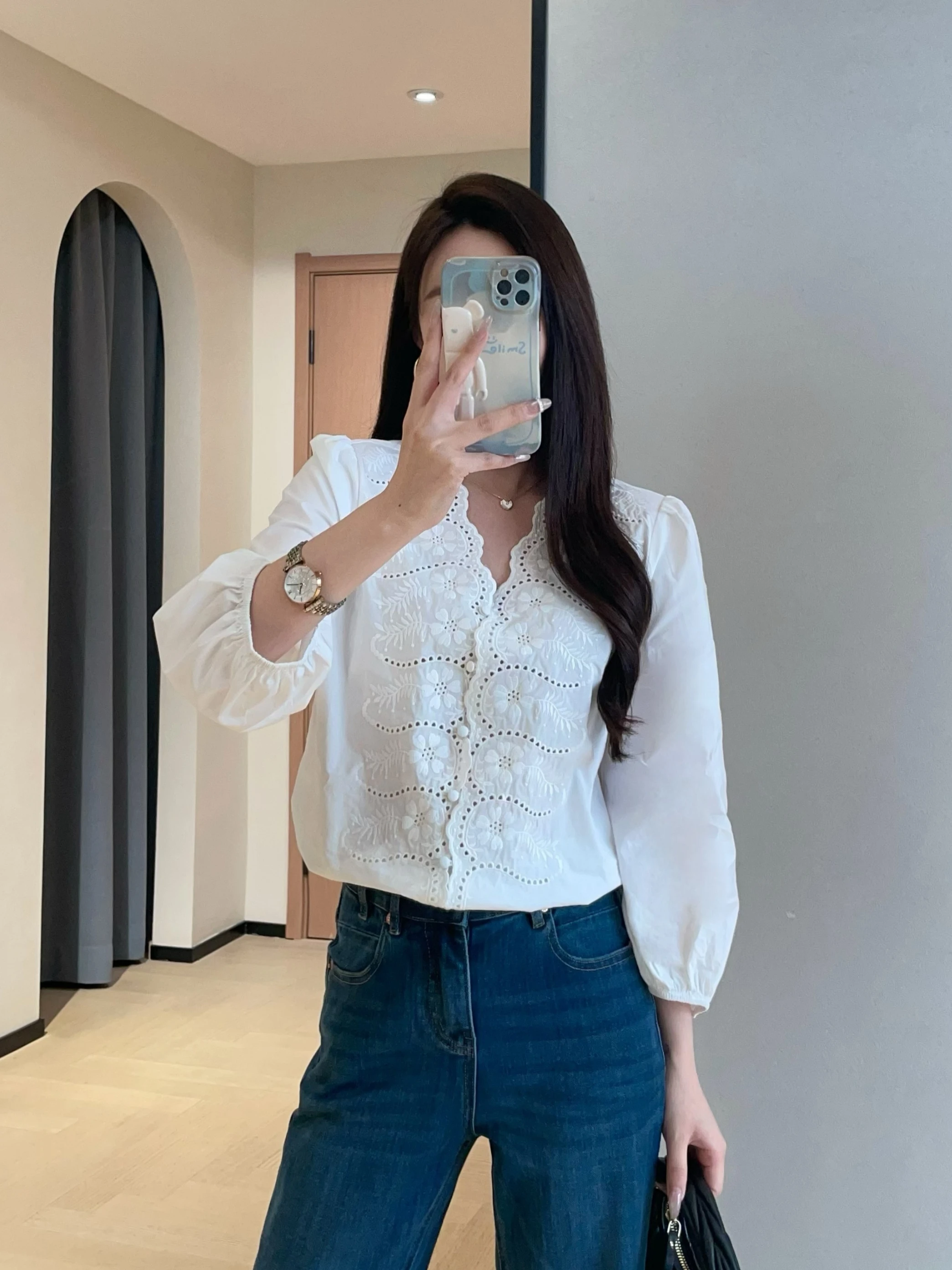 

WTHEONE Girls Feel Pure Cotton V-ne irt Embroidered Pleated Long Sve Slim Fit oulder Spring Faion Ladies irt