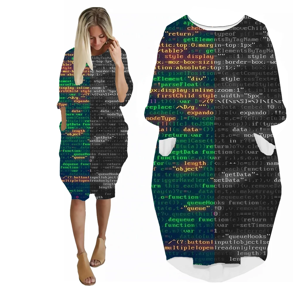 SONSPEE Hot Sale Code Programming Graphic 3D Print Women's Long Sleeve Skirt Lady Computer Program Harajuku Street Leisure Robe