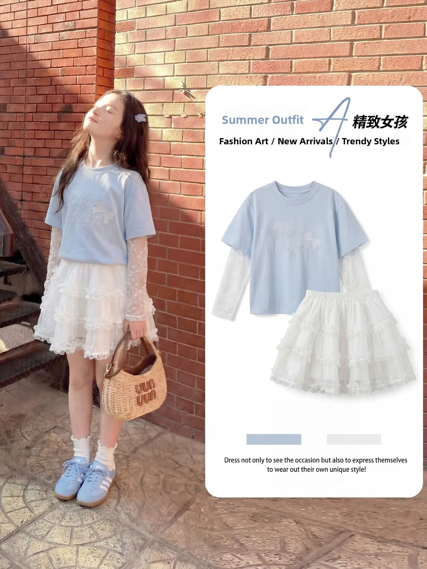 女の子用サマースカート-韓国風スイートハーフスカート-長袖メッシュトップ-通気性抜群-快適なミッドウエストケーキスカート-キッズ用