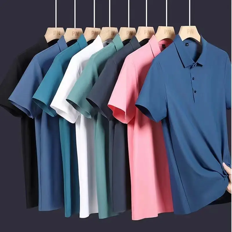 M-8XL Sommer Eisseide Poloshirt – Hochwertiges T-Shirt, einfarbig, neu, halber Ärmel, nicht abfärbend, lässige Revers, Business, dünn, Herrenmode