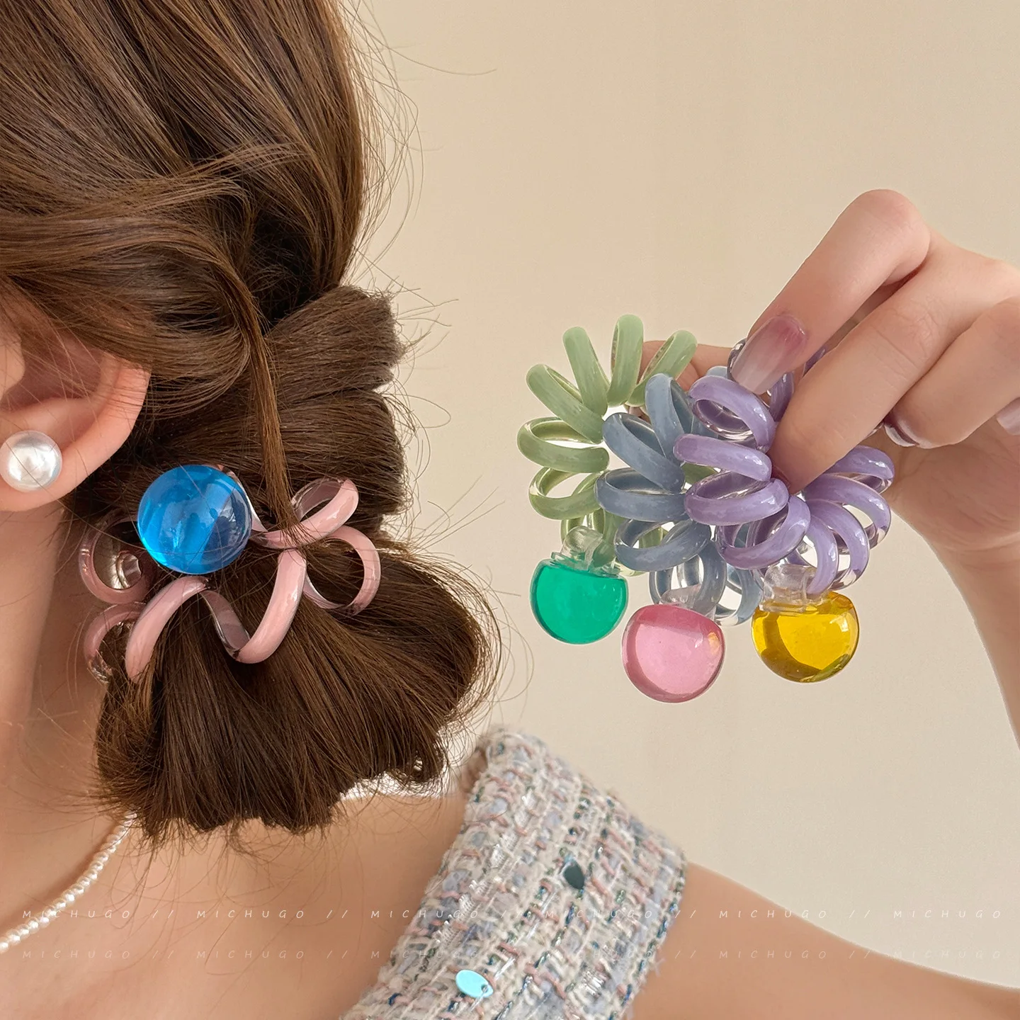 

1 шт., кольцо для волос из телефонного шнура с желейным бисером, эластичная резинка для хвоста, плетеная резинка для волос, контрастная резинка для волос