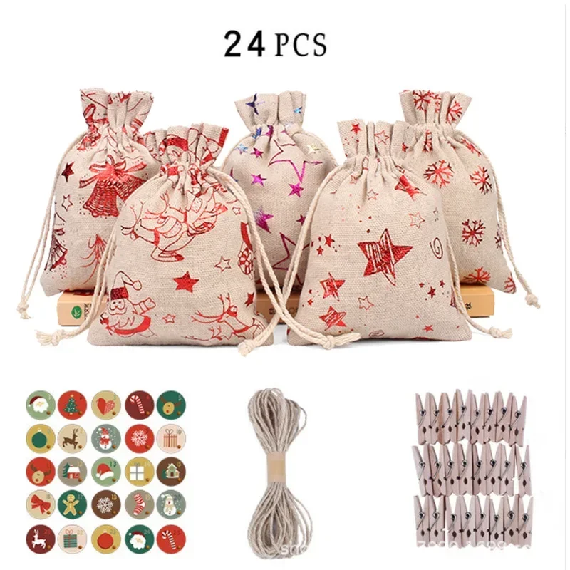 

24pcs Hot Stamping Cotton Linen Gift Bag Set, Candy Item Home Decor Storage Bag, Christmas Gift Bags, Wedding Packaging Box