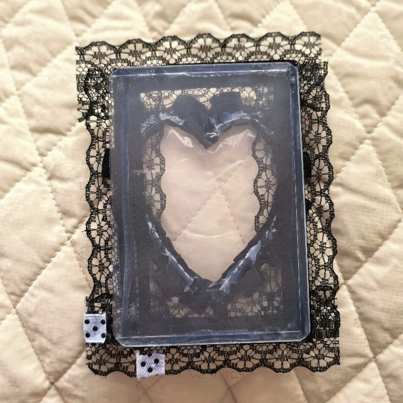 Cute DIY Lace Bowknot Kpop Photo Card Holder Idol Photocard Case Decorative Card Cover Black White Love Heart Shape Photo Holder image 3