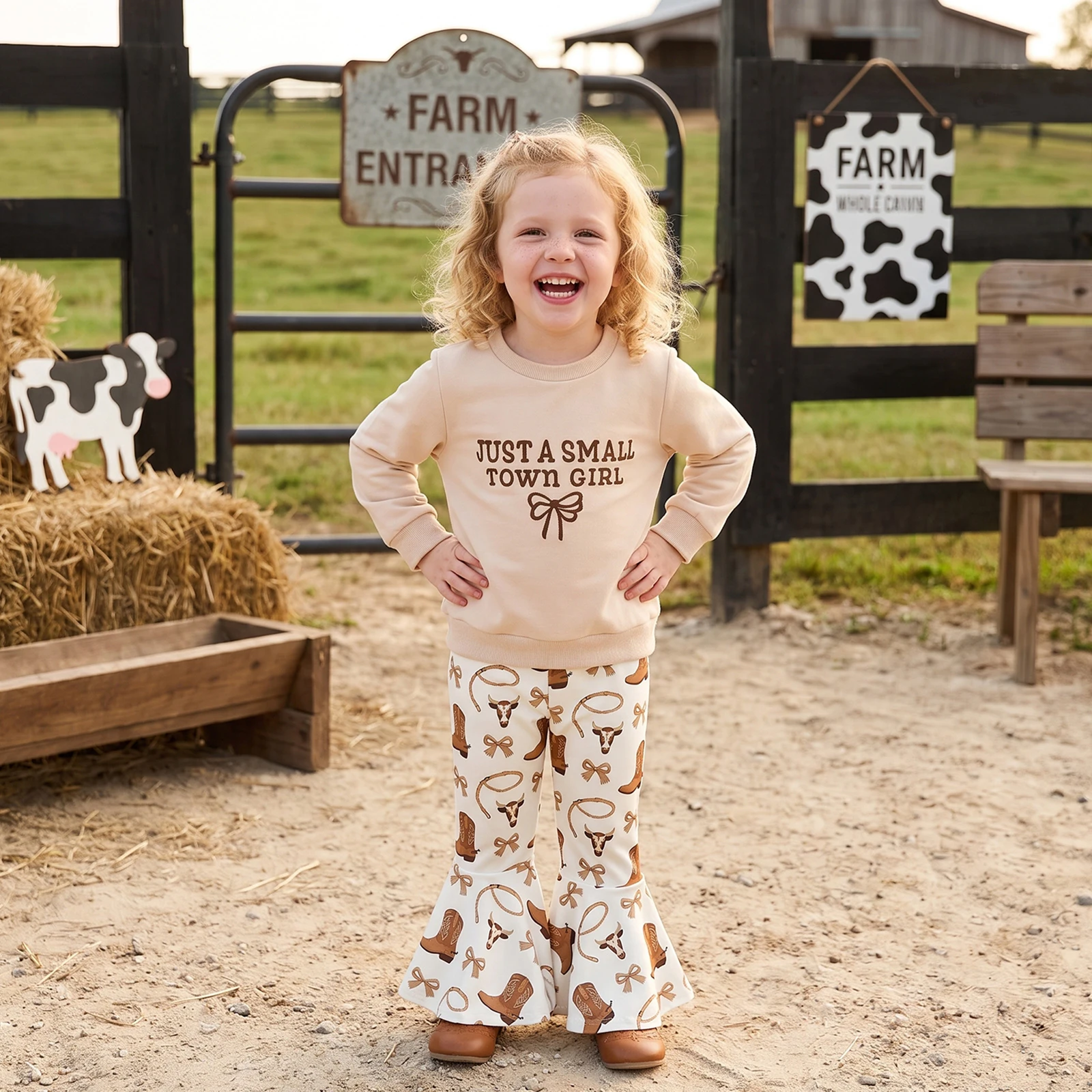 Kid Girls Outfit Long Sleeve Letters Sweatshirt Bow Boots Print Flare Pants