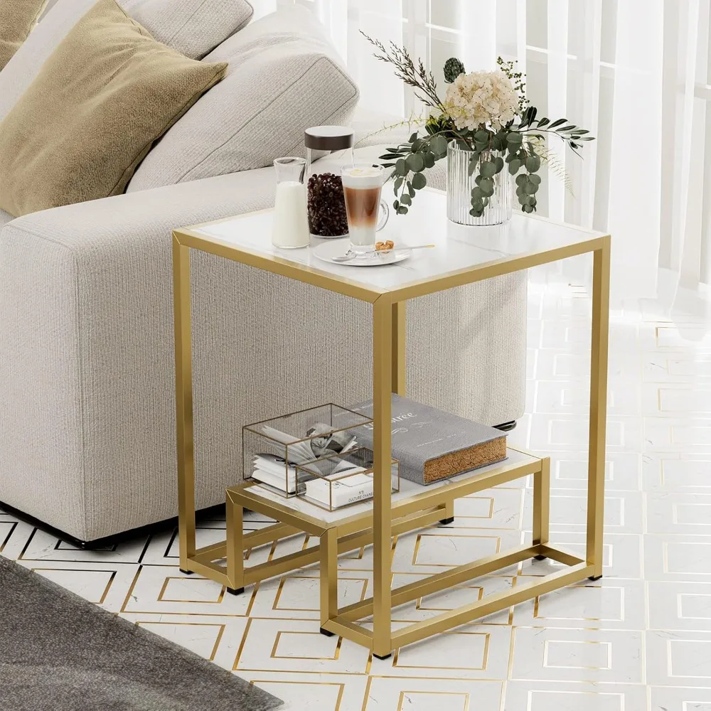 

High Gloss Gold Nesting End Table, 2-Tier Faux Marble Sofa Side Table with Shelf, Metal Frame Bedside Table