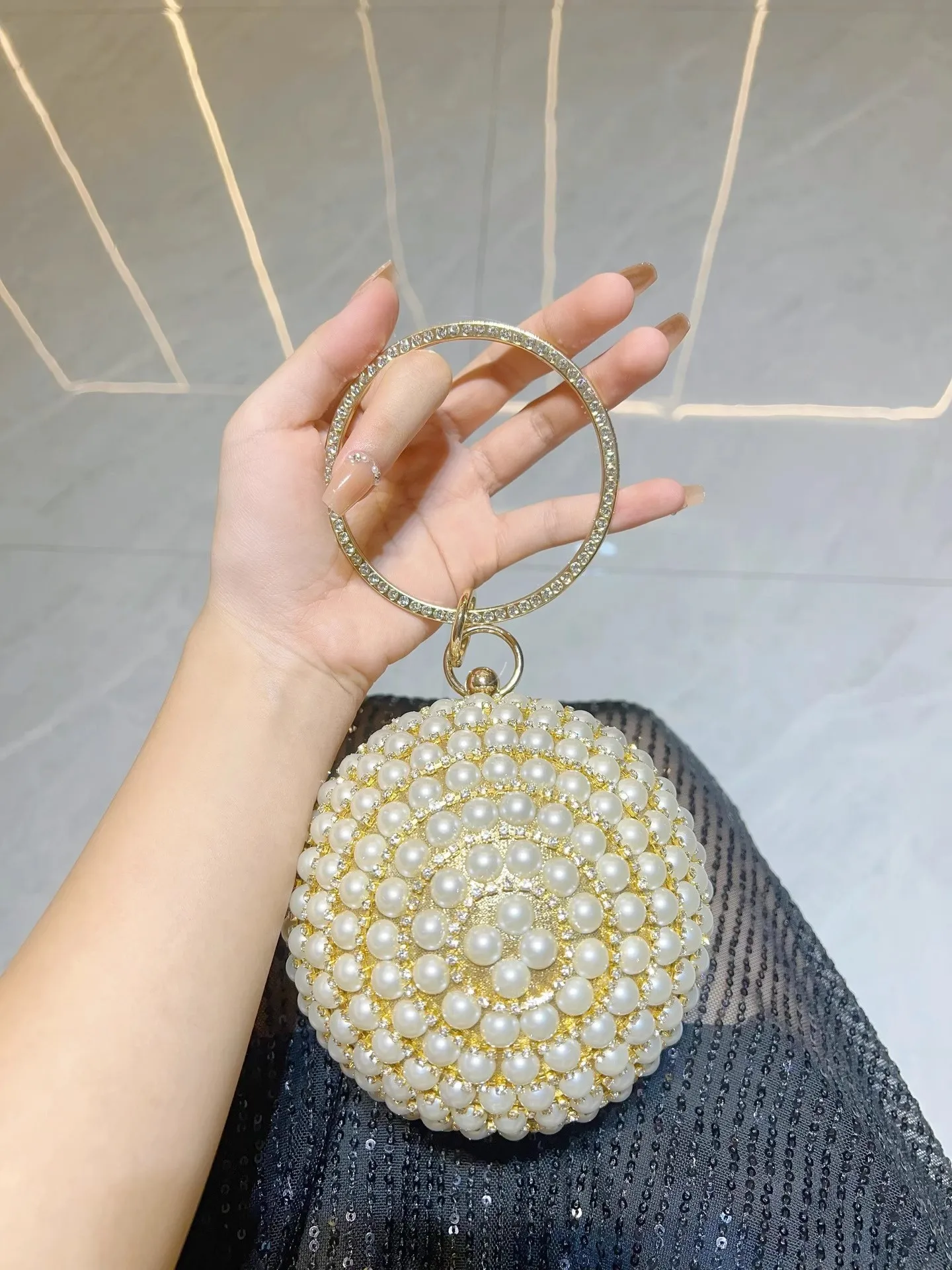 Luxury Beads Beaded Circular Bag Bling Shiny Women Handbag Glitter Shiny Rhinestones Diamond Evening Bag Shoulder Crossbody Bag